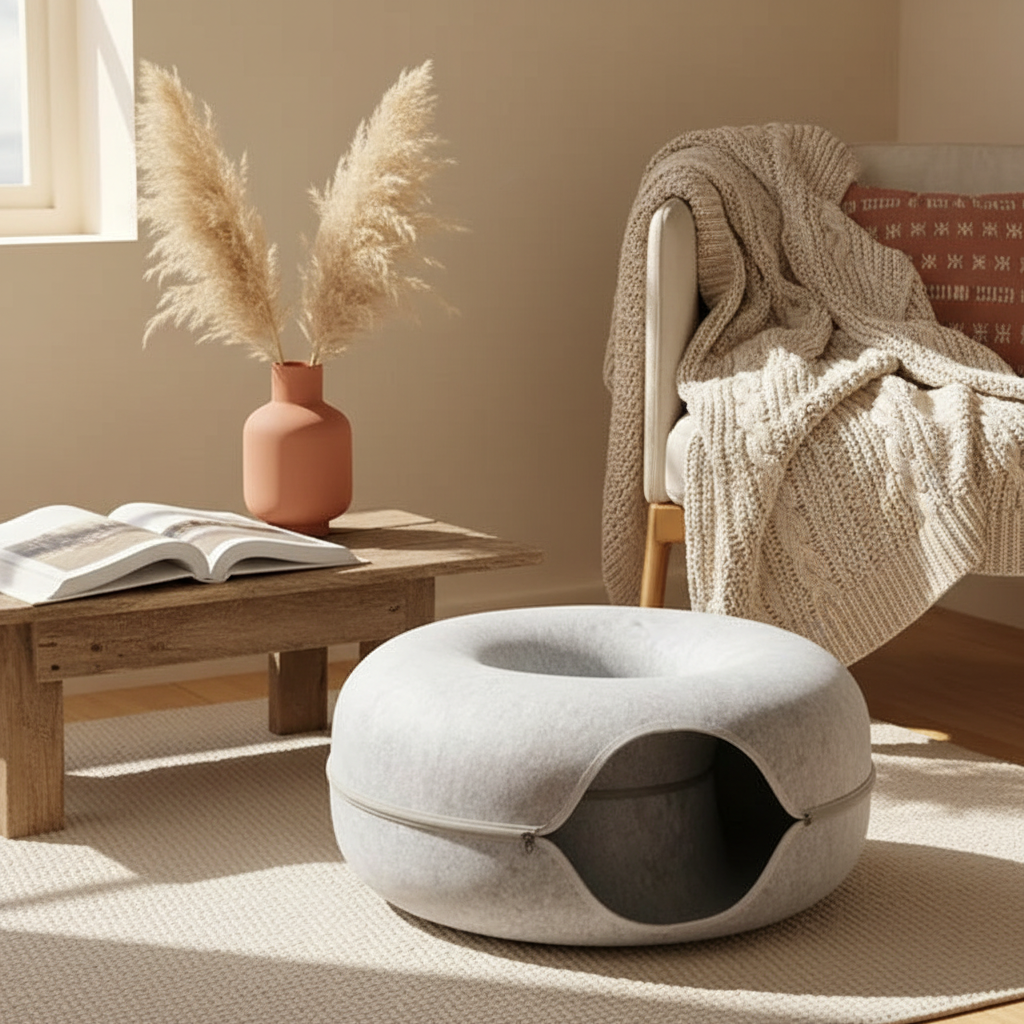 Round Cat Donut Bed - lifestyle AI photoshoot
