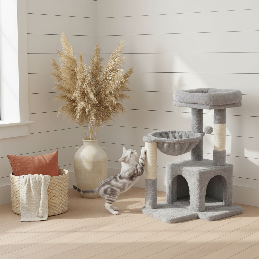 Cat Tree Tower with Hammock & Scratching Post - lifestyle AI photoshoot