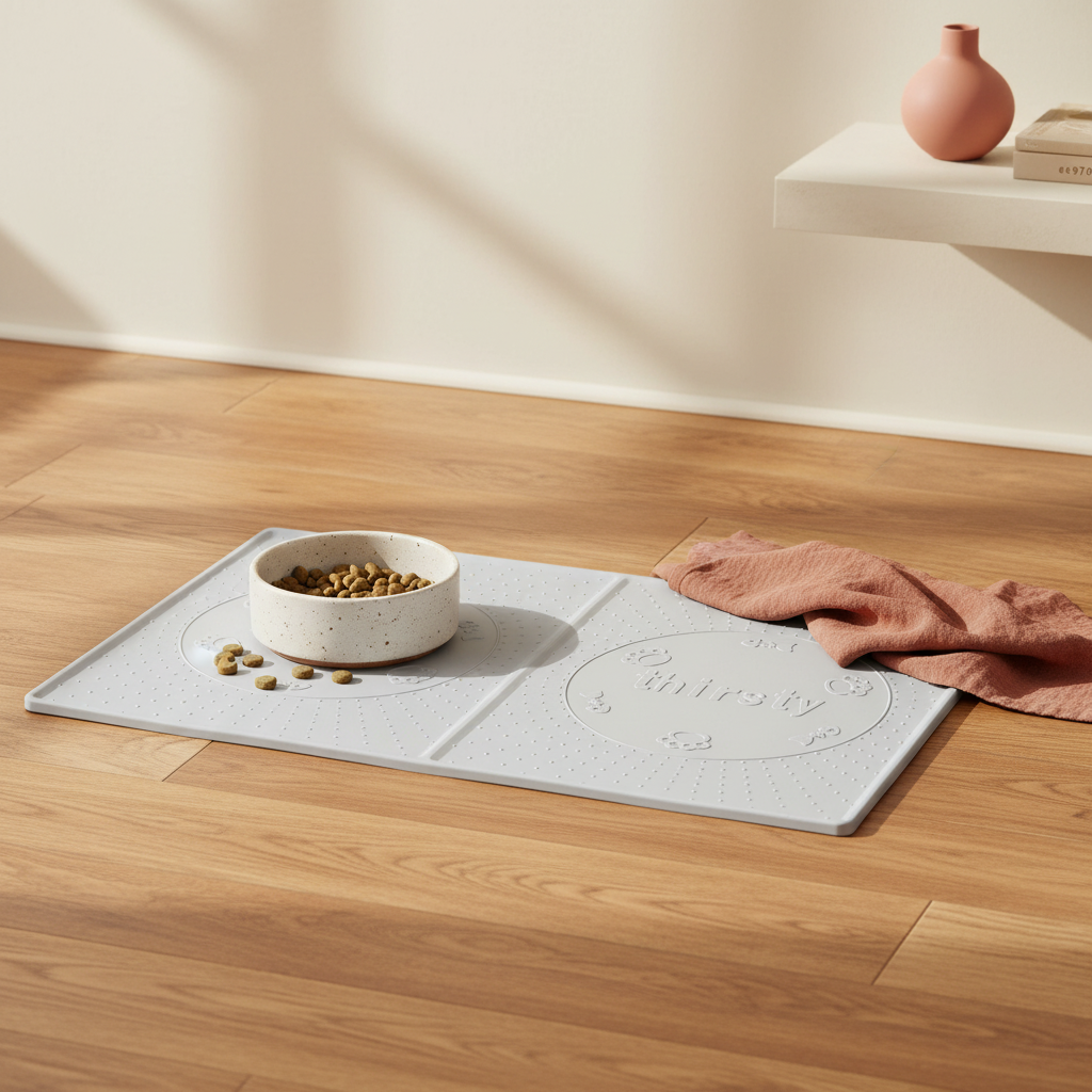 Silicone Pet Food Mat - Waterproof Non-Slip Spill Catcher for Dog and Cat Bowls - lifestyle AI photoshoot