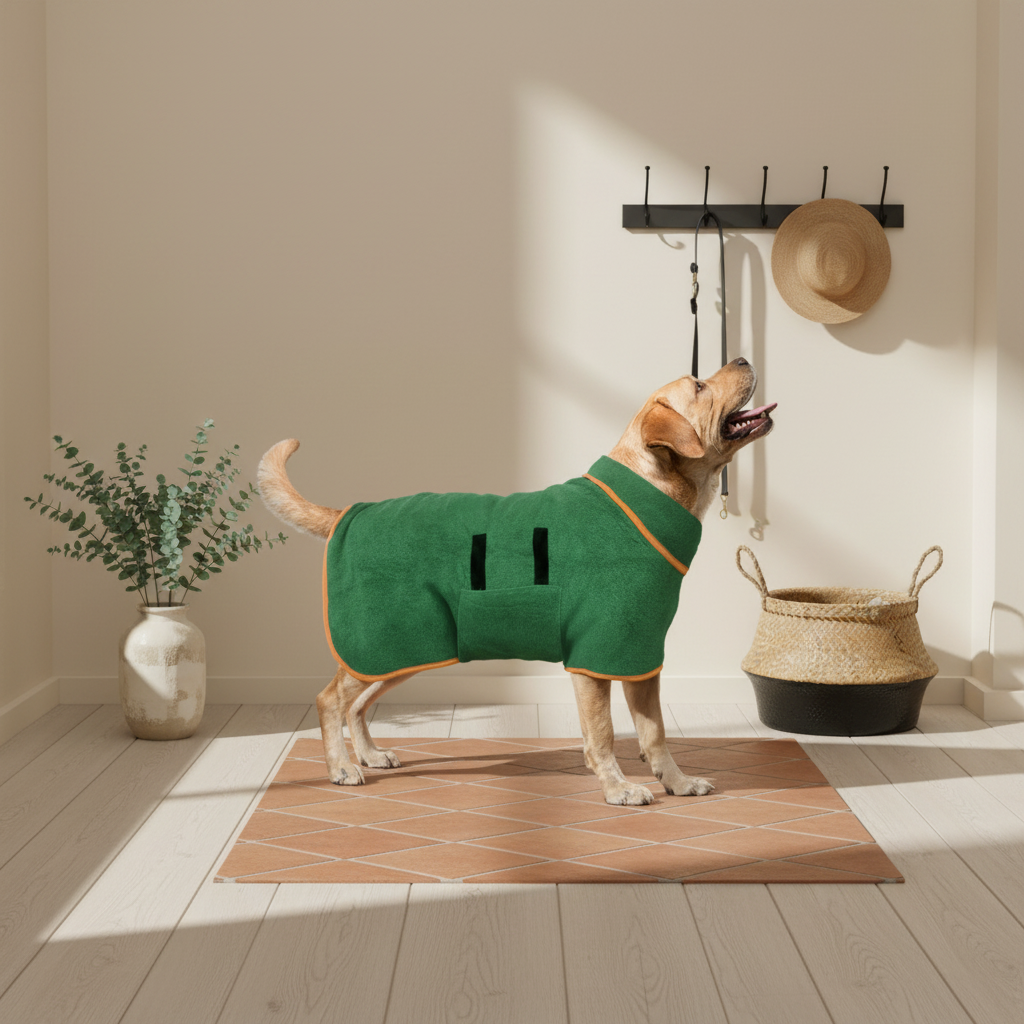 Microfiber Dog Drying Towel Robe - Super Absorbent Adjustable Bathrobe for All Sizes - lifestyle AI photoshoot