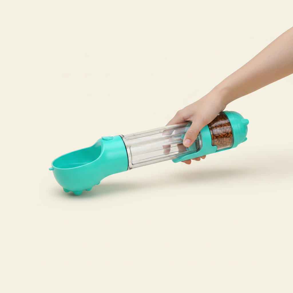 3-in-1 Portable Dog Water Bottle & Food Dispenser - studio AI photoshoot