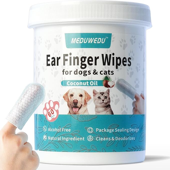 MEDUWEDU Pet Ear Cleaner Finger Wipes (60 Count) for Dogs & Cats – Gentle Cleaning Pads to Remove Wax, Dirt & Odor, Non-Irritating, Coconut Scent