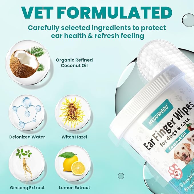 MEDUWEDU Pet Ear Cleaner Finger Wipes (60 Count) for Dogs & Cats – Gentle Cleaning Pads to Remove Wax, Dirt & Odor, Non-Irritating, Coconut Scent