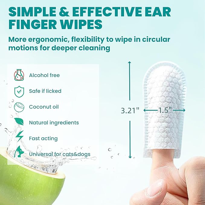 MEDUWEDU Pet Ear Cleaner Finger Wipes (60 Count) for Dogs & Cats – Gentle Cleaning Pads to Remove Wax, Dirt & Odor, Non-Irritating, Coconut Scent