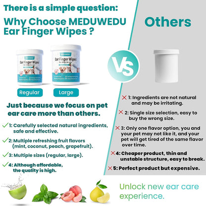 MEDUWEDU Pet Ear Cleaner Finger Wipes (60 Count) for Dogs & Cats – Gentle Cleaning Pads to Remove Wax, Dirt & Odor, Non-Irritating, Coconut Scent